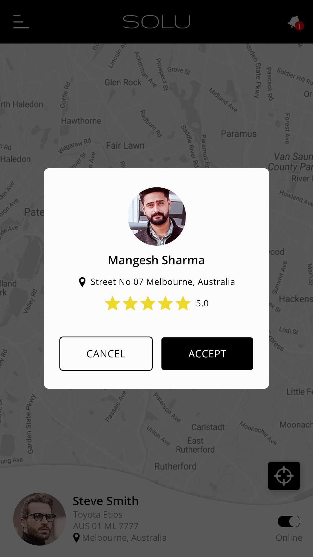 Solu (ride sharing app) Request screen