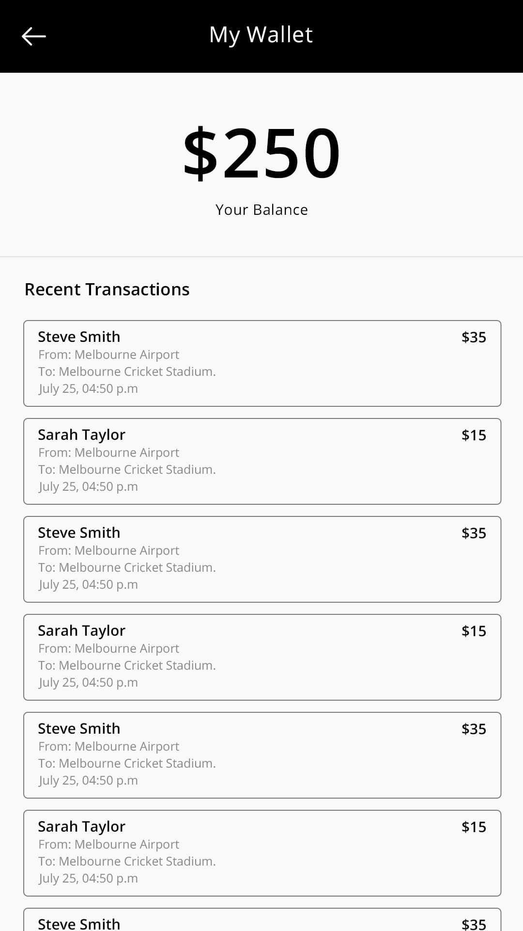 Solu (ride sharing app) Wallet screen