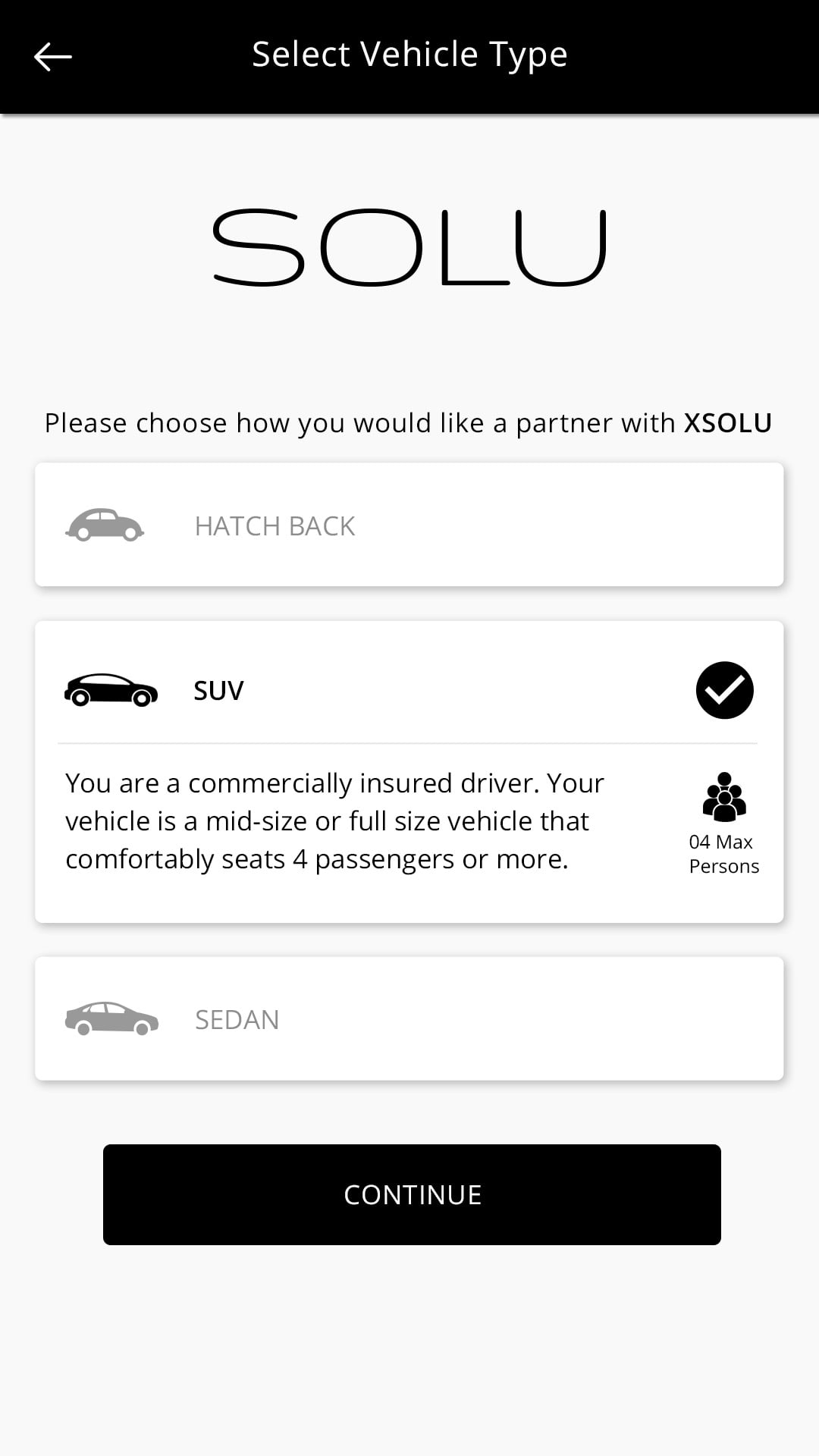 Solu (ride sharing app) Select Vehicle Type screen