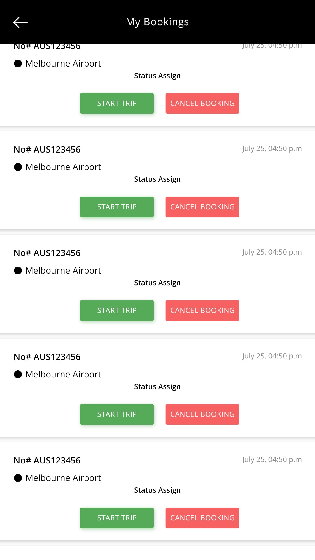 X Solu (ride sharing app) My Bookings screen