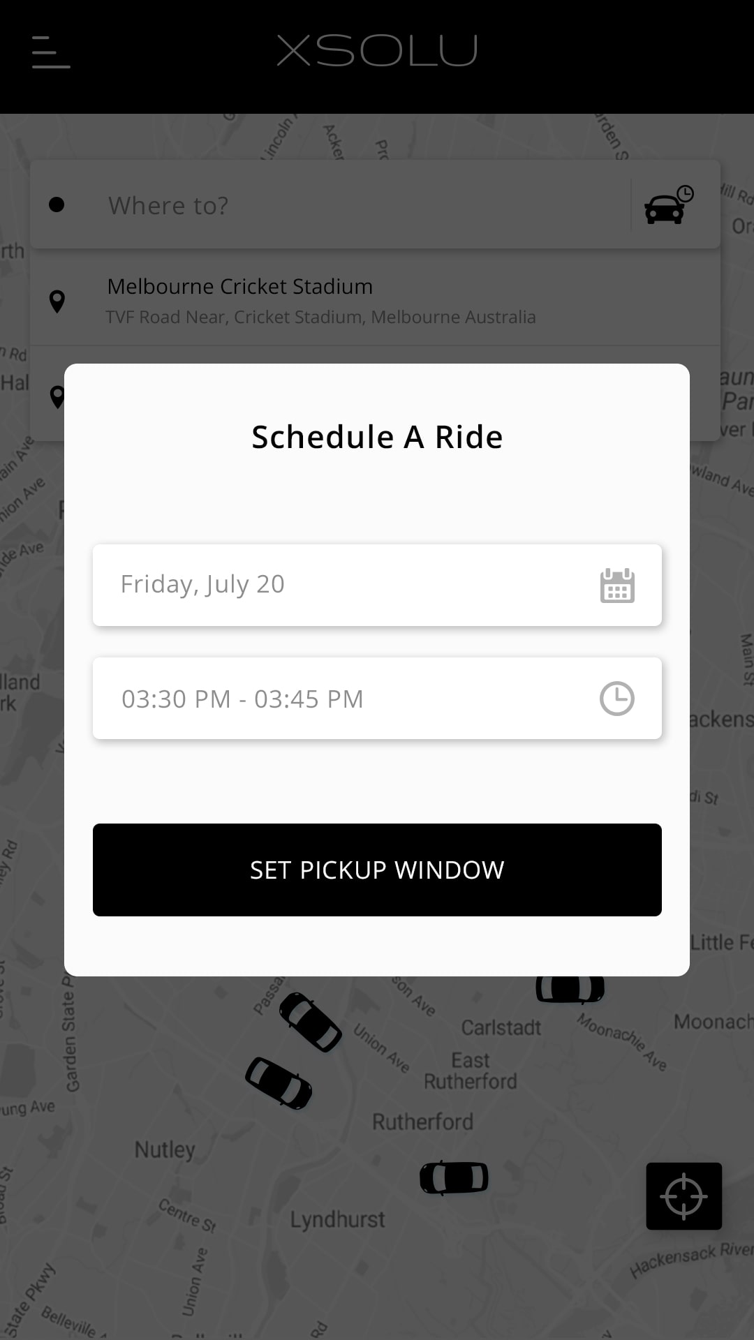 X Solu (ride sharing app) Schedule A Call screen
